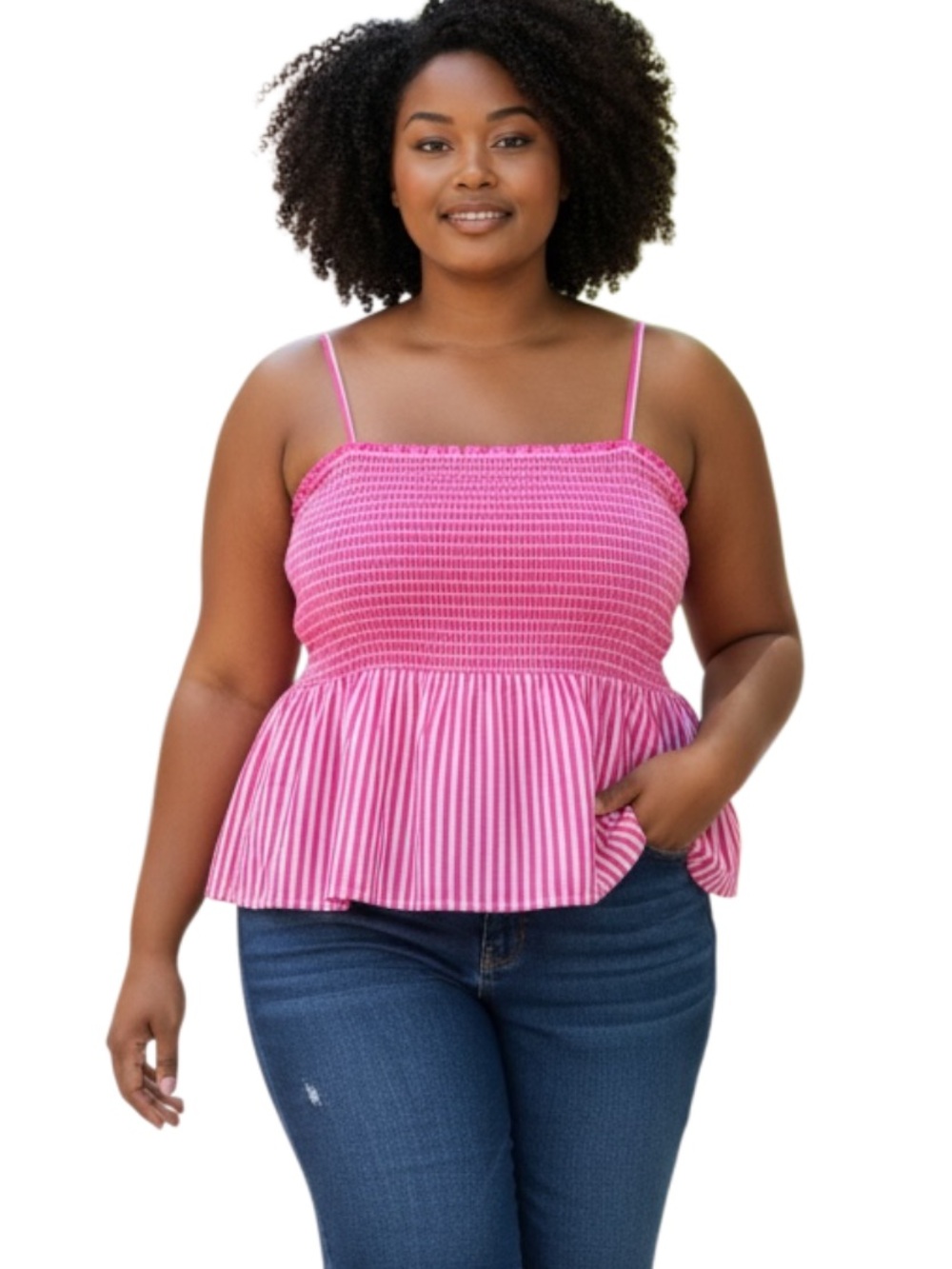 No Boundaries Pink Striped Smocked Peplum Cami
